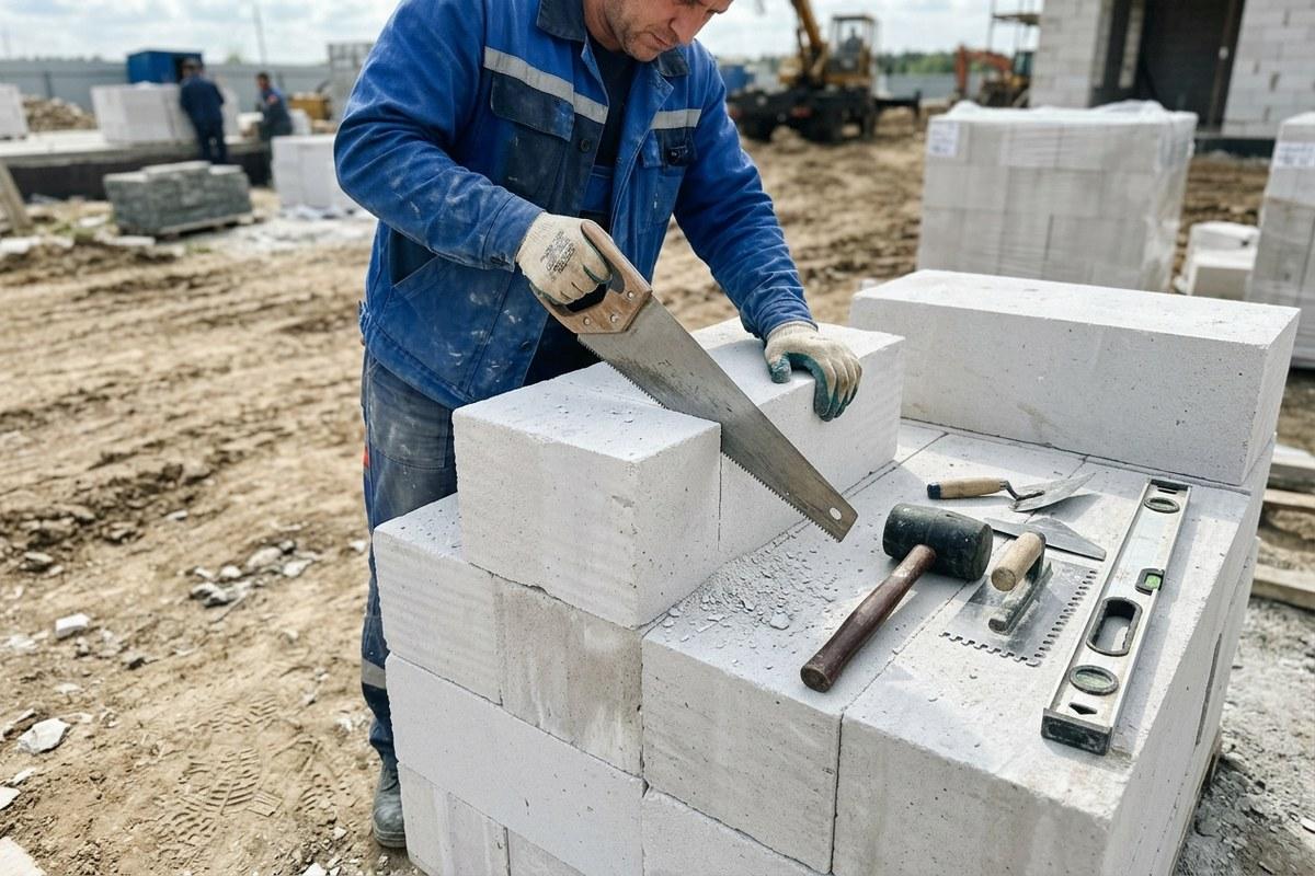 Инструмент для резки белых автоклавных газобетонных блоков на стройплощадке